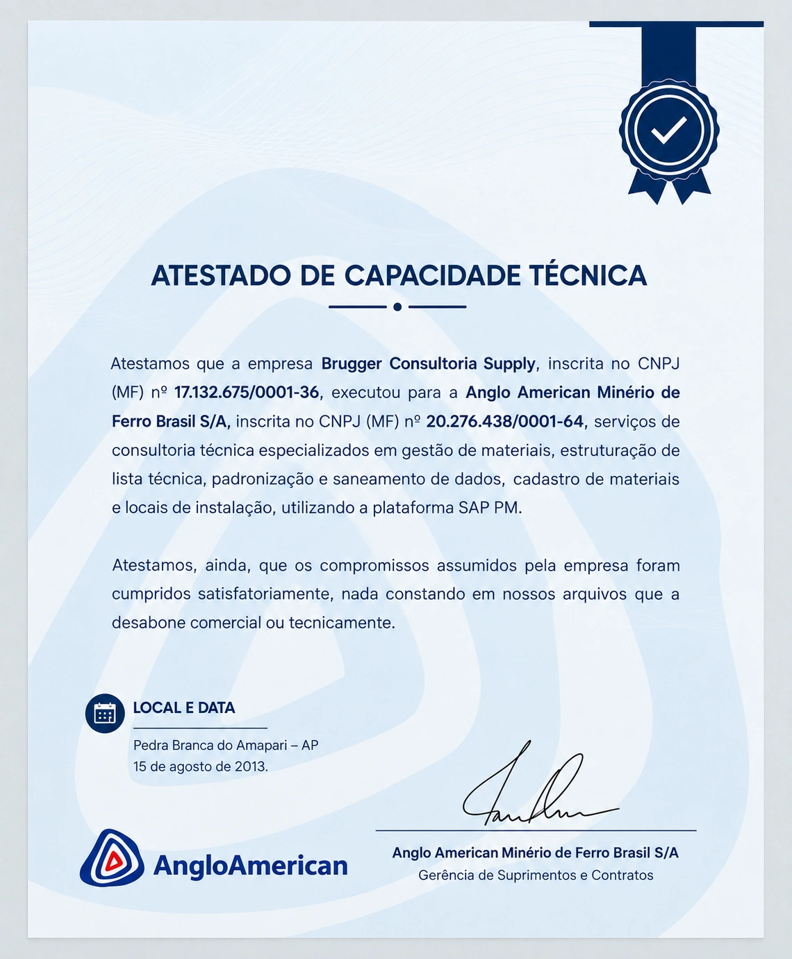 Atestado de capacidade técnica da Anglo American