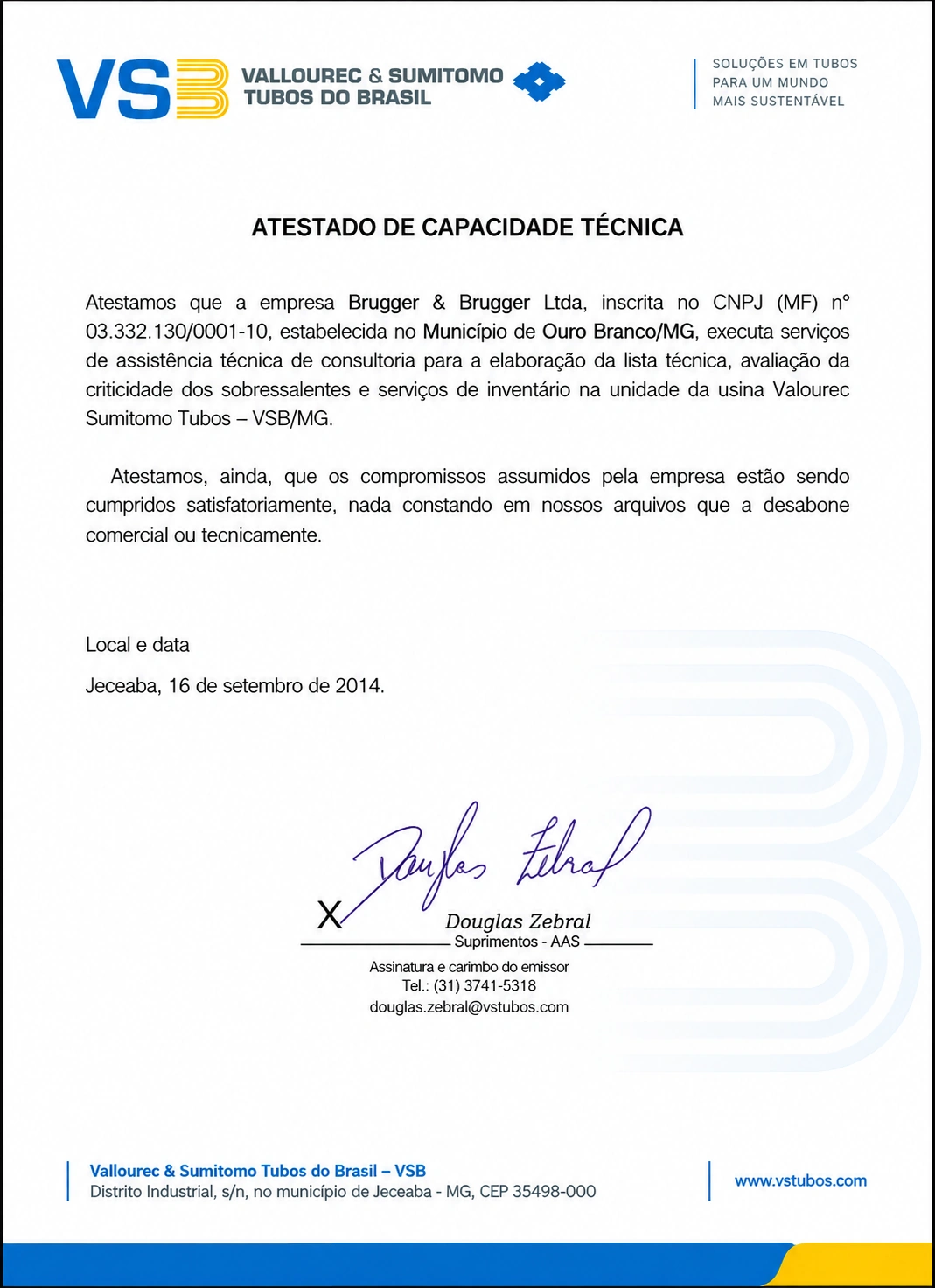 Atestado de capacidade técnica da VSB
